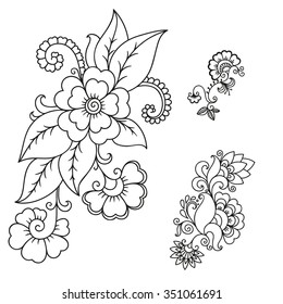 Set of Mehndi flower pattern for Henna drawing and tattoo. Decoration in ethnic oriental, Indian style.