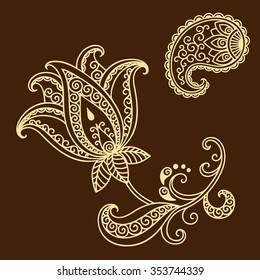 Set of Mehndi flower pattern for Henna drawing and tattoo. Decoration in ethnic oriental, Indian style.