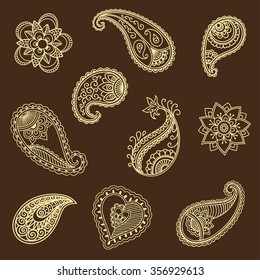 Conjunto de patrón de flores de Mehndi para Henna dibujo y tatuaje. Decoración en estilo étnico oriental, indio