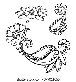 Set of Mehndi flower pattern for Henna drawing and tattoo. Decoration in ethnic oriental, Indian style.