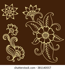 Set of Mehndi flower pattern for Henna drawing and tattoo. Decoration in ethnic oriental, Indian style.