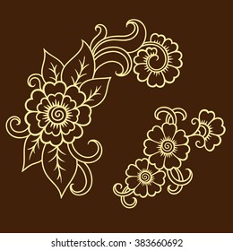 Set of Mehndi flower pattern for Henna drawing and tattoo. Decoration in ethnic oriental, Indian style.