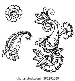 Set of Mehndi flower pattern for Henna drawing and tattoo. Decoration in ethnic oriental, Indian style.