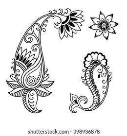 Set of Mehndi flower pattern for Henna drawing and tattoo. Decoration in ethnic oriental, Indian style.