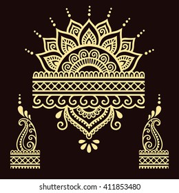 Set of Mehndi flower pattern for Henna drawing and tattoo. Decoration in ethnic oriental, Indian style.