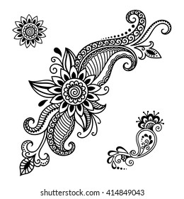 Set of Mehndi flower pattern for Henna drawing and tattoo. Decoration in ethnic oriental, Indian style.