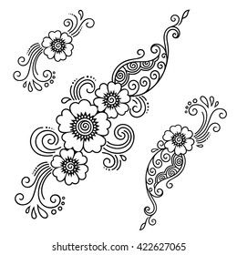 Set of Mehndi flower pattern for Henna drawing and tattoo. Decoration in ethnic oriental, Indian style.