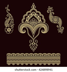 Set of Mehndi flower pattern for Henna drawing and tattoo. Decoration in ethnic oriental, Indian style.