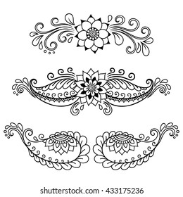 Set of Mehndi flower pattern for Henna drawing and tattoo. Decoration in ethnic oriental, Indian style.