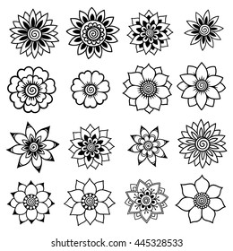 Set of Mehndi flower pattern for Henna drawing and tattoo. Decoration in ethnic oriental, Indian style.