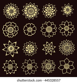 Set of Mehndi flower pattern for Henna drawing and tattoo. Decoration in ethnic oriental, Indian style.