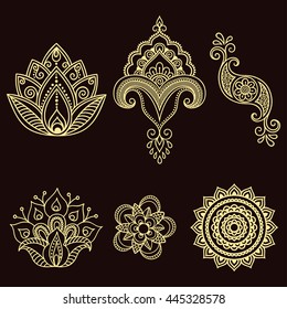 Set of Mehndi flower pattern for Henna drawing and tattoo. Decoration in ethnic oriental, Indian style.