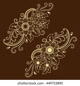Set of Mehndi flower pattern for Henna drawing and tattoo. Decoration in ethnic oriental, Indian style.