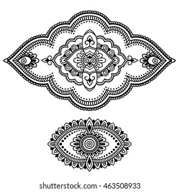 Set of Mehndi flower pattern for Henna drawing and tattoo. Decoration in ethnic oriental, Indian style.