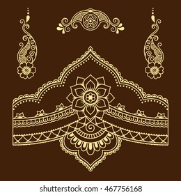 Set of Mehndi flower pattern for Henna drawing and tattoo. Decoration in ethnic oriental, Indian style.
