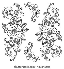 Set of Mehndi flower pattern for Henna drawing and tattoo. Decoration in ethnic oriental, Indian style.