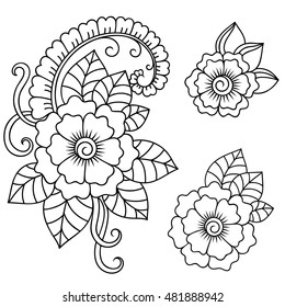 Set of Mehndi flower pattern for Henna drawing and tattoo. Decoration in ethnic oriental, Indian style.