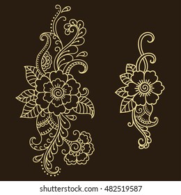 Set of Mehndi flower pattern for Henna drawing and tattoo. Decoration in ethnic oriental, Indian style.