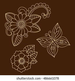Set of Mehndi flower pattern for Henna drawing and tattoo. Decoration in ethnic oriental, Indian style.