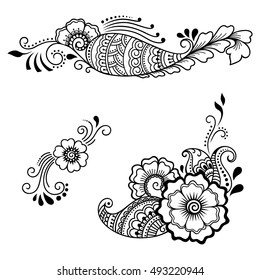 Set of Mehndi flower pattern for Henna drawing and tattoo. Decoration in ethnic oriental, Indian style.