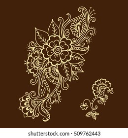 Set of Mehndi flower pattern for Henna drawing and tattoo. Decoration in ethnic oriental, Indian style.