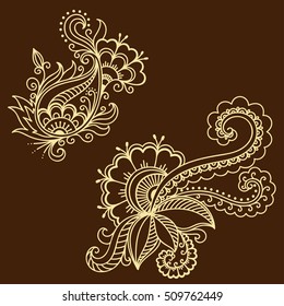 Set of Mehndi flower pattern for Henna drawing and tattoo. Decoration in ethnic oriental, Indian style.