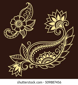 Set of Mehndi flower pattern for Henna drawing and tattoo. Decoration in ethnic oriental, Indian style.