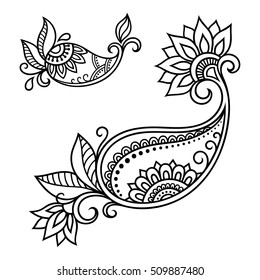 Set of Mehndi flower pattern for Henna drawing and tattoo. Decoration in ethnic oriental, Indian style.