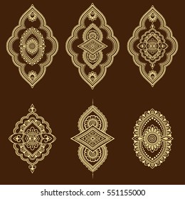 Set of Mehndi flower pattern for Henna drawing and tattoo. Decoration in ethnic oriental, Indian style.