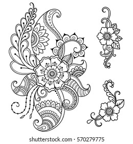 Set of Mehndi flower pattern for Henna drawing and tattoo. Decoration in ethnic oriental, Indian style.