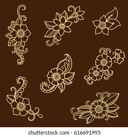 Set of Mehndi flower pattern for Henna drawing and tattoo. Decoration in ethnic oriental, Indian style.