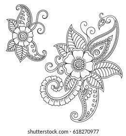 Set of Mehndi flower pattern for Henna drawing and tattoo. Decoration in ethnic oriental, Indian style.