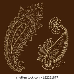 Set of Mehndi flower pattern for Henna drawing and tattoo. Decoration in ethnic oriental, Indian style.
