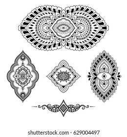 Set of Mehndi flower pattern for Henna drawing and tattoo. Decoration in ethnic oriental, Indian style.