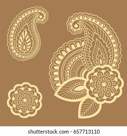 Set of Mehndi flower pattern for Henna drawing and tattoo. Decoration in ethnic oriental, Indian style.