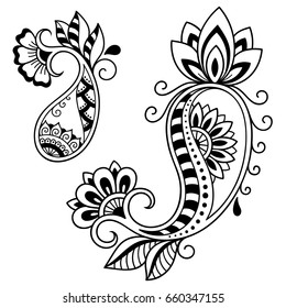 Set of Mehndi flower pattern for Henna drawing and tattoo. Decoration in ethnic oriental, Indian style.