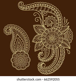 Set of Mehndi flower pattern for Henna drawing and tattoo. Decoration in ethnic oriental, Indian style.
