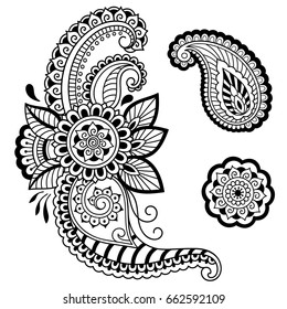 Set of Mehndi flower pattern for Henna drawing and tattoo. Decoration in ethnic oriental, Indian style.