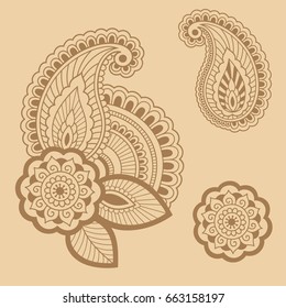 Set of Mehndi flower pattern for Henna drawing and tattoo. Decoration in ethnic oriental, Indian style.