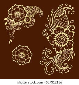 Set of Mehndi flower pattern for Henna drawing and tattoo. Decoration in ethnic oriental, Indian style.