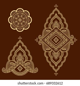 Set of Mehndi flower pattern for Henna drawing and tattoo. Decoration in ethnic oriental, Indian style.