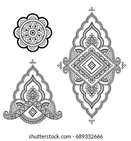 Set of Mehndi flower pattern for Henna drawing and tattoo. Decoration in ethnic oriental, Indian style.