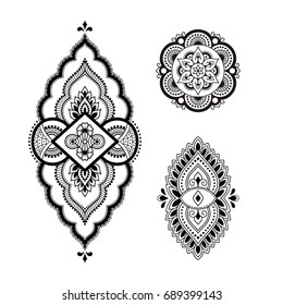 Set of Mehndi flower pattern for Henna drawing and tattoo. Decoration in ethnic oriental, Indian style.