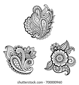 Set of Mehndi flower pattern for Henna drawing and tattoo. Decoration in ethnic oriental, Indian style.