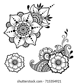 Set of Mehndi flower pattern for Henna drawing and tattoo. Decoration in ethnic oriental, Indian style.