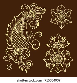 Set of Mehndi flower pattern for Henna drawing and tattoo. Decoration in ethnic oriental, Indian style.