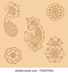 Set of Mehndi flower pattern for Henna drawing and tattoo. Decoration in ethnic oriental, Indian style.