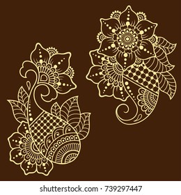 Set of Mehndi flower pattern for Henna drawing and tattoo. Decoration in ethnic oriental, Indian style.