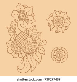 Set of Mehndi flower pattern for Henna drawing and tattoo. Decoration in ethnic oriental, Indian style.