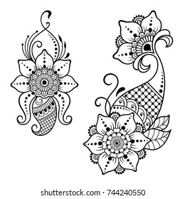 Set of Mehndi flower pattern for Henna drawing and tattoo. Decoration in ethnic oriental, Indian style.